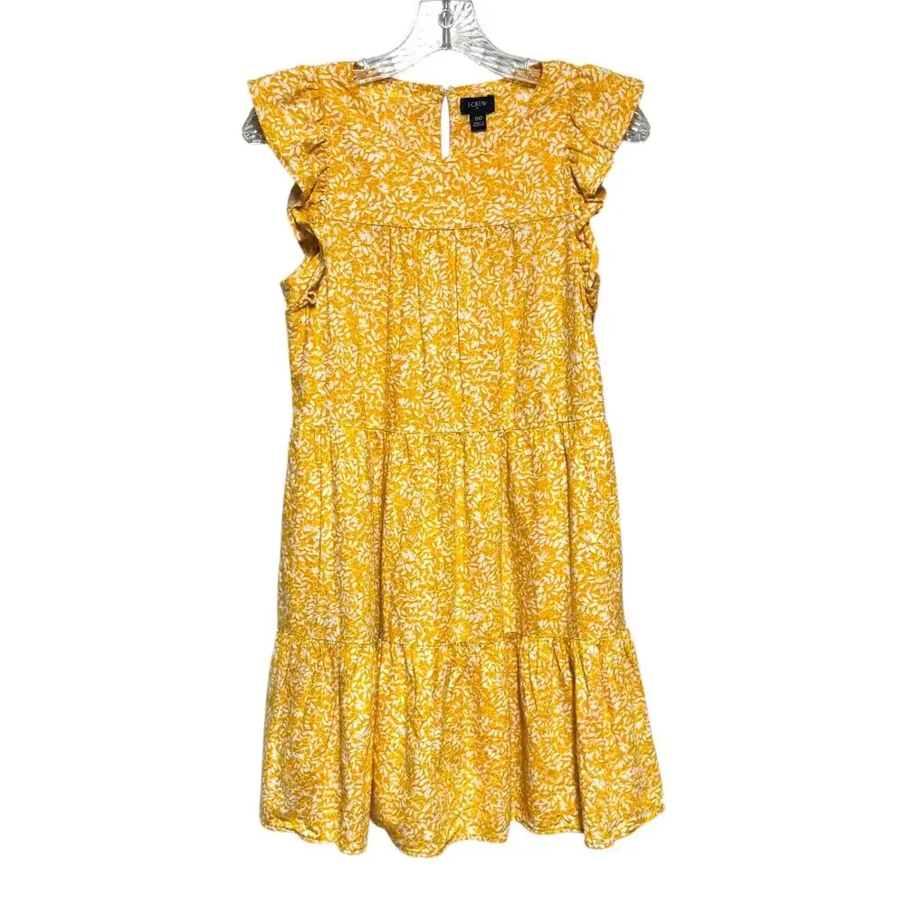 J.Crew Factory Linen Ruffle Sleeve Tiered Dress Sweet Marigold Yellow White 00